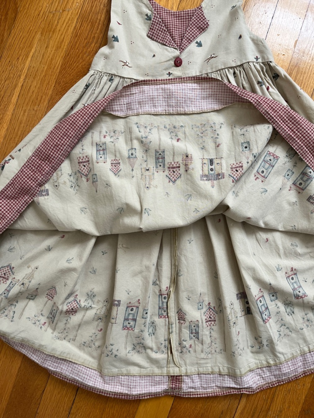 Girls Handmade Cotton Vintage 90s Bird & Birdhouse Country Jumper Dress - Picture 8 of 14
